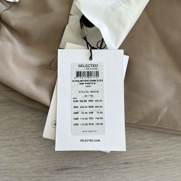 Selected Homme Slim Tapered - Dann Flex Ankle Pants Sand‎ 32x32 NWT - Picture 5 of 6